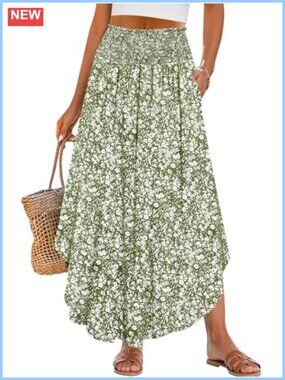 Women High Waist Floral Flowy Boho Maxi Skirt with Pockets